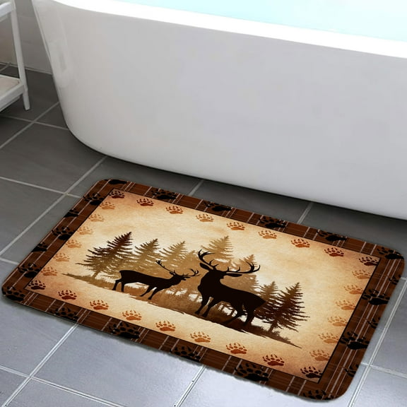 Rustic Cabin Lodge Deer Bath Rugs for Bathroom, Forest Animal Vintage Print Country Farmhouse Wooden Board Bathroom Rug Bath Mat Set Floor Mats, Hunting Camping Brown Doormat Outdoor Indoor 17X29in
