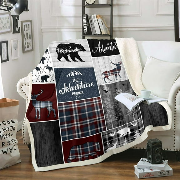 Rustic Cabin Lodge Fleece Blanket, Bear Deer Wildlife Sherpa Blanket Queen Size, Country Forest Hunting Wild Animal Throw Blanket Retro Plaid Patchwork Fuzzy Blanket Farmhouse Decorations, Grey Black