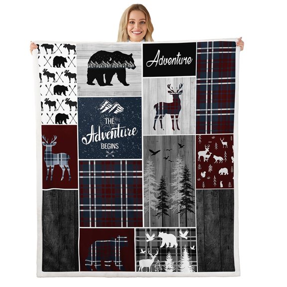 Rustic Cabin Lodge Fleece Blanket, Bear Deer Wildlife Sherpa Blanket Queen Size, Country Forest Hunting Wild Animal Throw Blanket Retro Plaid Patchwork Fuzzy Blanket Farmhouse Decorations, Grey Black