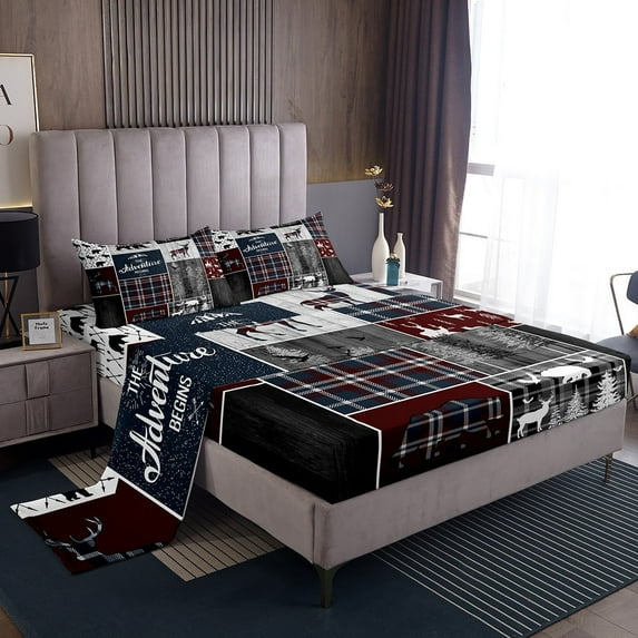 Rustic Cabin Lodge Sheets, Bear Deer Wildlife Sheet Set King, Country Forest Hunting Wild Animal Bed Sheets Set Retro Plaid Checkered Patchwork Flat Fitted Sheet Farmhouse Decorations, Grey Black