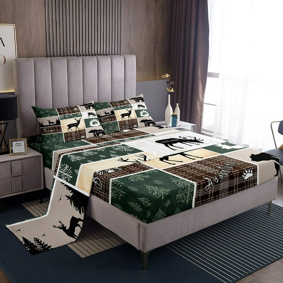 Rustic Cabin Lodge Sheets Twin Size, Bear Deer Elk Sheet Set Vintage Farmhouse Adventure Bed Sheets Set Woodland Forest Animal Grid Claw Bedding Set Rustic Farmhouse Home Decor, Green Brown