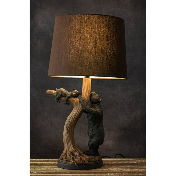 Rustic Cabin Mama Bear And Sleeping Cub On Tree Branch Table Lamp W/Shade Decor