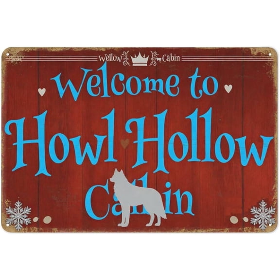 Rustic Cabin Metal Tin Sign, Winter Forest Welcome Wall Decor with Wolf and Snowflakes, 8 x 12 Inch