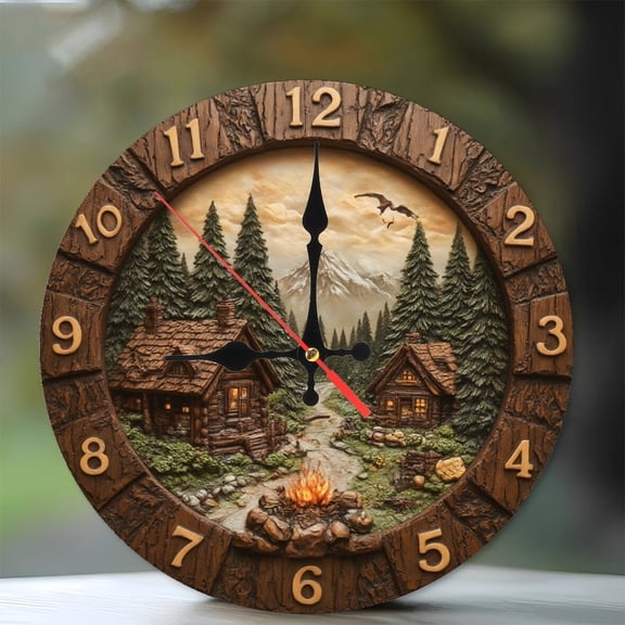 Rustic Cabin Mountain Scene Wall Clock Wood Log Cabin Home Decor 10-Inch Silent Wooden Wall Clock, Battery Operated (AA Batteries Not Included), Artistic Home Decor
