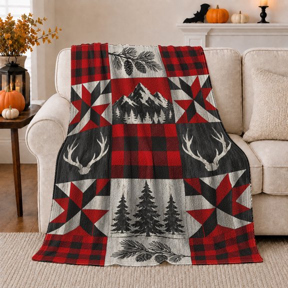 Rustic Cabin Patchwork Mountain Pine, Peaceful Mountain Lake Scene, Warm Flannel Blanket for Ranch House and Living Room, Outdoor Lovers person's Day Gift, Artistic Home Decor