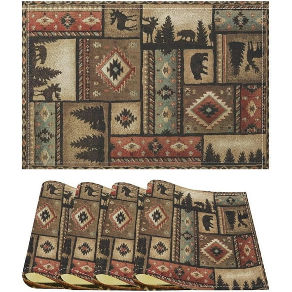 Rustic Cabin Placemats Set of 4,Vintage Lodge Bear Deer Farmhouse Hunting Theme Wildlife Patchwork Plaid Print Table Mats for Home Dining Table Kitchen Farm Party Decor 4PCS