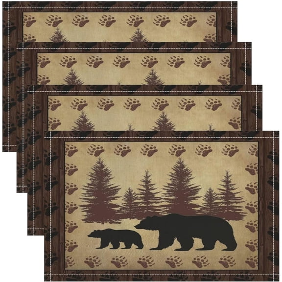 Rustic Cabin Placemats Set of 4, 18x12 Inch Farmhouse Rustic Bear Forest Vintage Brown Wood Table Mats for Home Party Kitchen Dining Decor