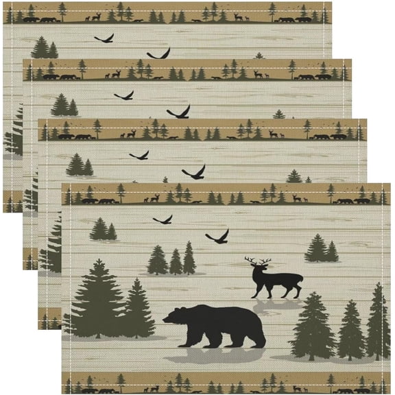 Rustic Cabin Placemats Set of 4, 18x12 Inch Vintage Wood Planks Bear Deer Bird Tree Woodland Table Mats for Home Party Kitchen Dining Decor