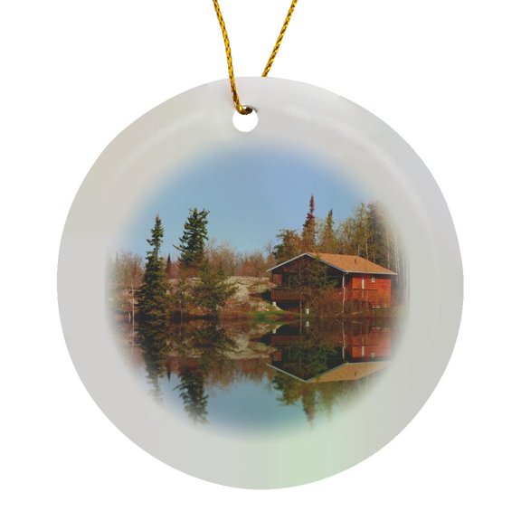 3drose, Rustic Cabin Reflections, Circle Porcelain Ornament