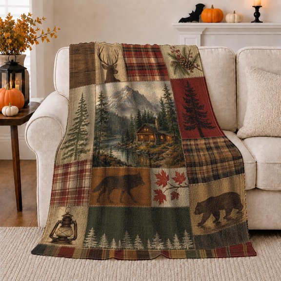 Rustic Cabin By River Patchwork Wilderness Design Woodland, Peaceful Mountain Lake Scene, Warm Flannel Blanket for Cabin and Lodge, Outdoor Lovers Camping Gift, Artistic Home Decor