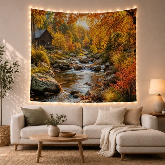 Rustic Cabin by Rocky Autumn Stream, Cozy Farmhouse Style for Nature Lovers, Cabin Wall Art, Housewarming Gift, Tapestry Wall Hanging for Bedroom and Living Room