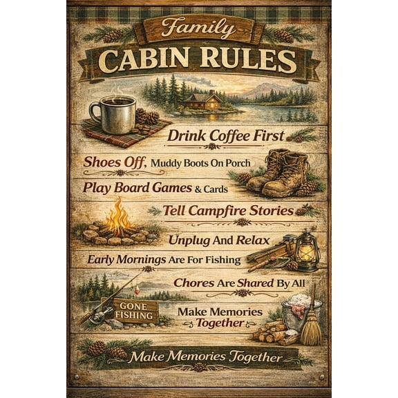 Rustic Cabin Rules Poster - Cozy Lake House Decor | Great Gift for Families 【Rolled Canvas】