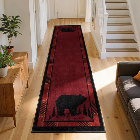 Rustic Cabin Runner Rug2x7ft, Vintage Red Plaid Bear Woodland Washable Non-Slip Hallway Entryway Mat