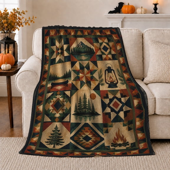 Rustic Cabin Scene Forest Green Brown Patchwork Design, Rustic Camping Scene, Warm Flannel Blanket for Cabin and Lodge, Outdoor Lovers Friendship Gift, Artistic Home Decor