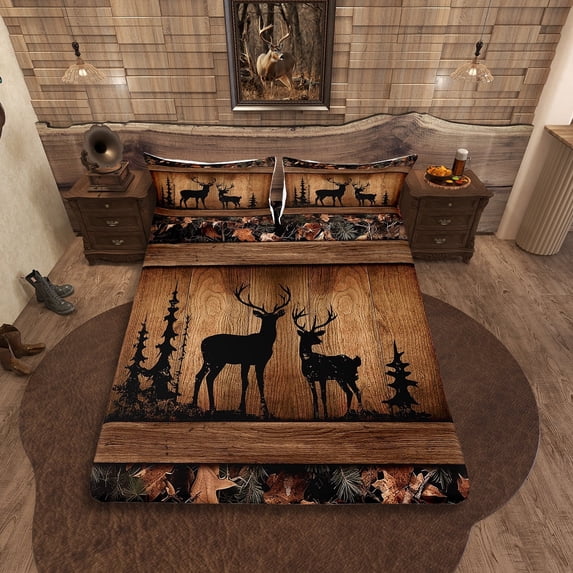 Rustic Cabin Sheet Set Camo Hunting Deer Bed Sheets Queen Farmhouse Woodland Animal Bedding Set Teen Men,Tree Branches Camouflage Wildlife Bed Sheet Set 4 Pcs