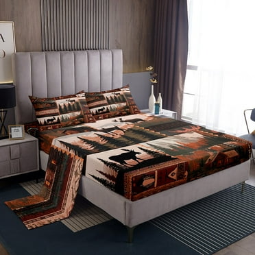 Rustic Cabin Sheet Sets Hunting Moose Bed Sheets Twin Size Woodland Farmhouse Bedding Sheets For Kids Boys Adults Men,Country Wildlife Animal Bed Sheet Set 3 Piece Room Decor