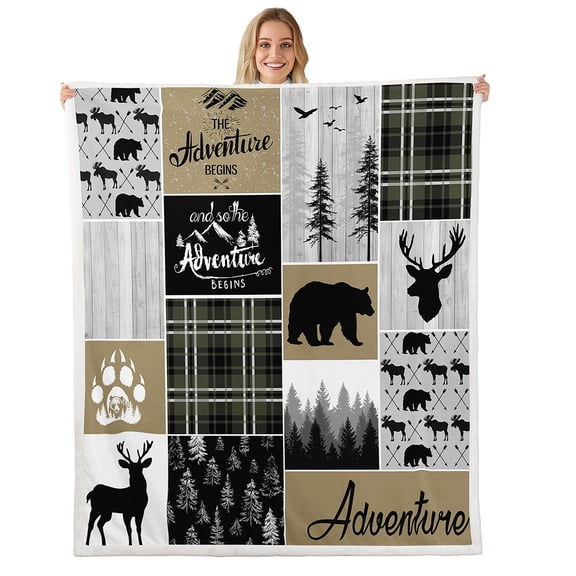 Rustic Cabin Sherpa Blanket For Men,Farmhouse Country Bear Moose Throw Blanket 40"X50", Forest Vintage Wood Decor Fleece Blanket Hunting Camping Adventure Themed Fuzzy Blanket Bear Decor For Home