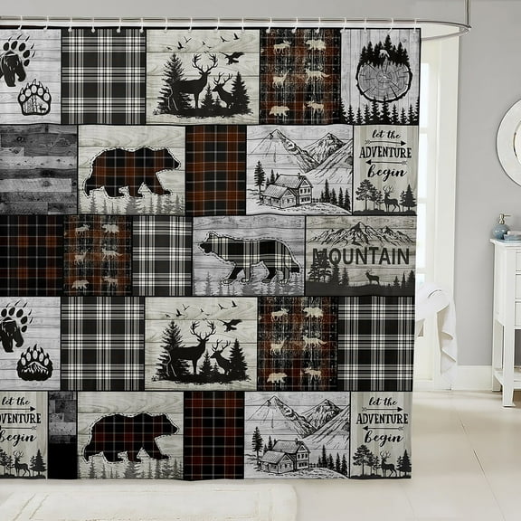 Rustic Cabin Shower Curtain 72"Wx78"L Country Farmhouse Buffalo Plaid Shower Curtain,Woodland Bear Deer Wolf Bathroom Curtain Hunting Animal Wildlife Bathroom Decor Black Brown Grey