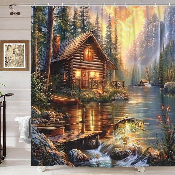 Rustic Cabin Shower Curtain for Bathroom, Country Lodge Bass Fish Lake Fishing RV Shower Curtain, Funny Farmhouse Hunting Camp Forest Nature Art Fisherman Shower Curtain with 12PCS Hooks,36X70IN