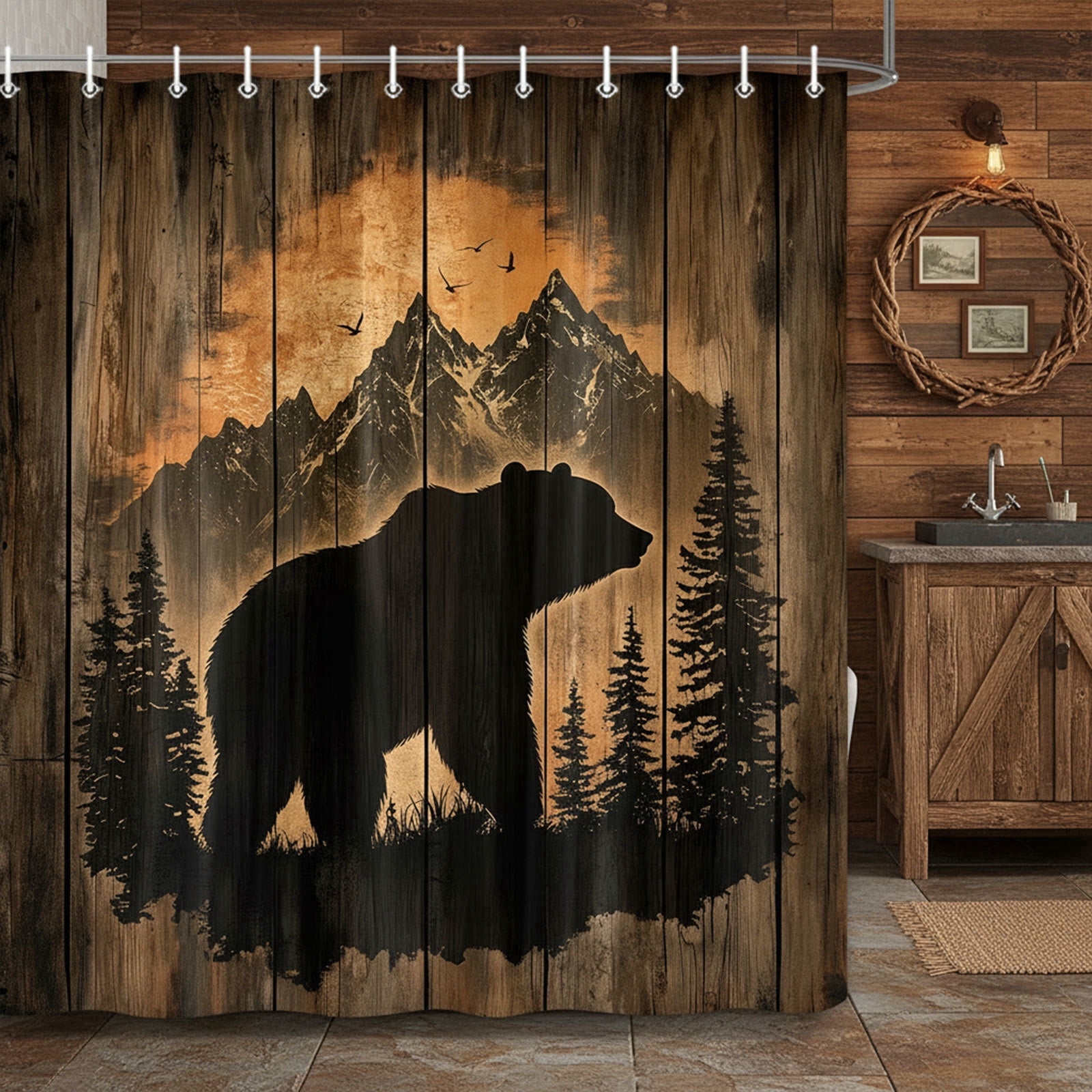 Rustic Cabin Shower Curtain for Bathroom, Forest Bear Wooden Bath Curtains, Wildlife Country Hunting Camping Waterproof Fabric Bathroom Curtain Accessories Set with Hooks, 72x72 Inches