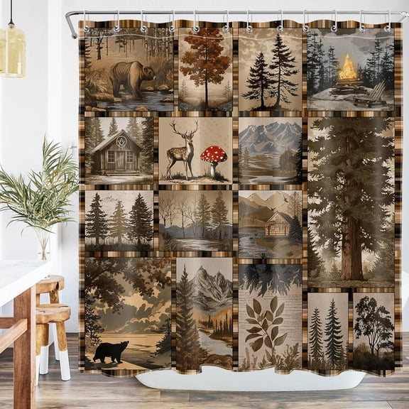 Rustic Cabin Shower Curtain for Bathroom, Woodland Bear Deer Forest Mountain Pine Tree Design, Vintage Hunting Country Decor Set with 12 Hooks, 72x72 Inch