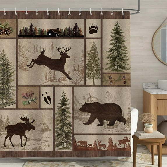 Rustic Cabin Shower Curtain Bear Deer Forest Woodland Farmhouse Brown Bath Curtain 72 x 72 Inch Polyester Fabric Waterproof Bathroom Curtain with 12 Hooks