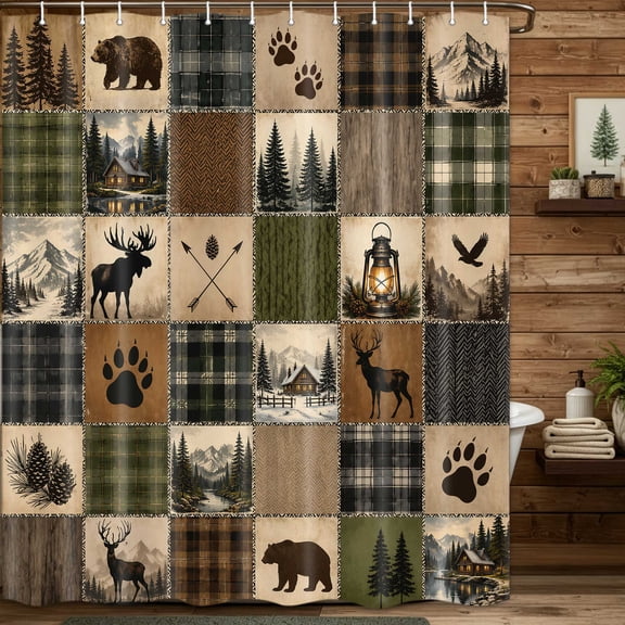 Rustic Cabin Shower Curtain, Bear Deer Moose Forest Plaid Patchwork, Waterproof Polyester Bath Curtain with 12 Hooks, Lodge Bathroom Decor, 36x72 Inches