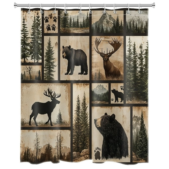 Rustic Cabin Shower Curtain Bear Deer Moose Wild Animal Vintage Forest Woodland Bathroom Shower Curtain Country Home Decor Waterproof Durable Shower Curtain Accessories with 10 Hooks 60x72 Inches