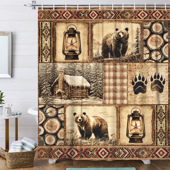 Rustic Cabin Shower Curtain Boho Farmhouse Bathroom Decor, Vintage Country Lodge Woodland Bear Shower Curtain for Bathroom, RV Camper Hunting Fabric Bath Curtain with 12PCS Hooks, 70X70IN