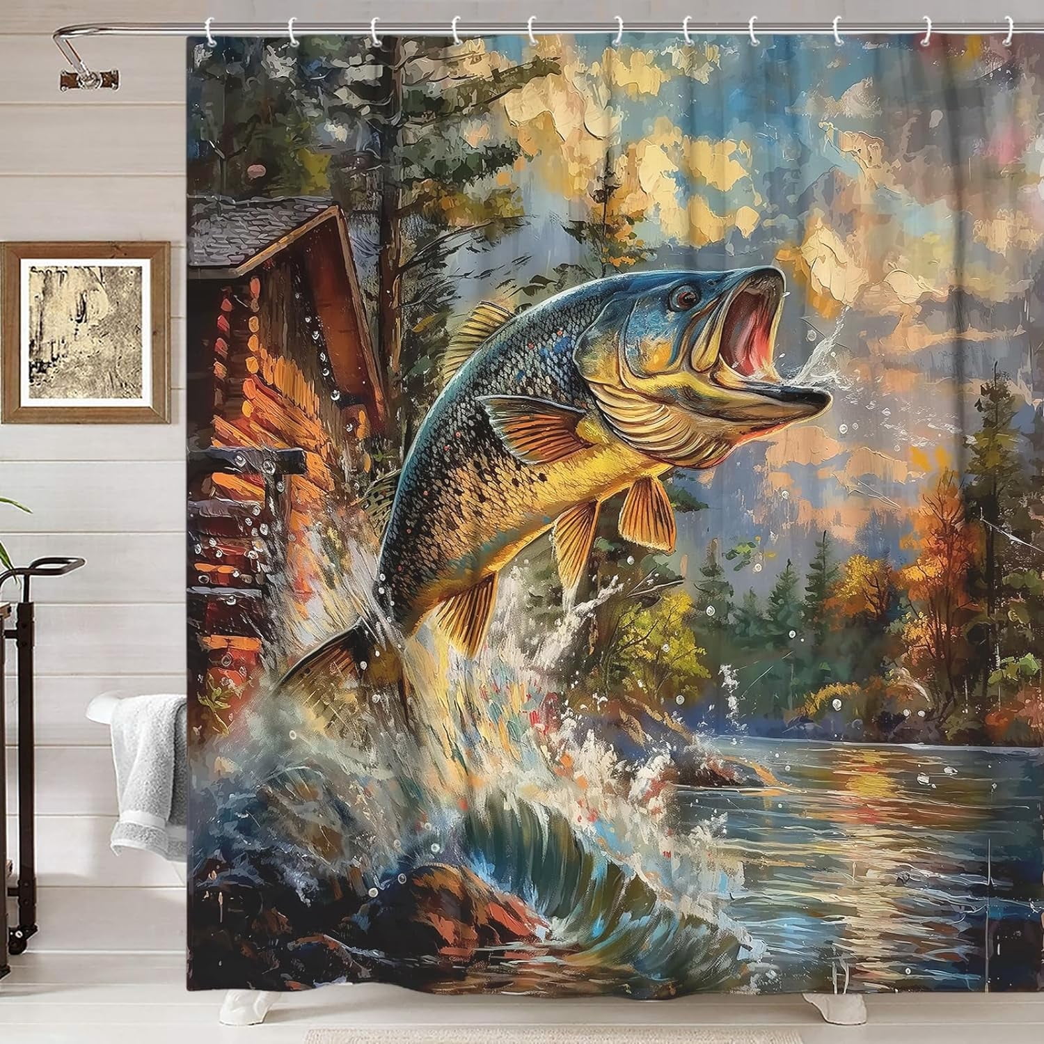 Rustic Cabin Shower Curtain, Country Lodge Bass Fish Lake Fishing