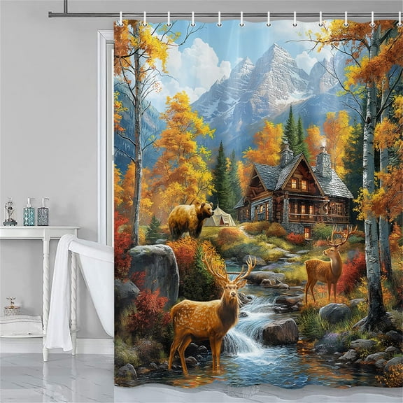 Rustic Cabin Shower Curtain Fall Forest Deer Lake Birch Trees Birds Wildlife Animal Hunting Camping Lodge Autumn Farmhouse Oil Painting Nature Landscape Fabric Bathroom Curtains with Plastic Hooks