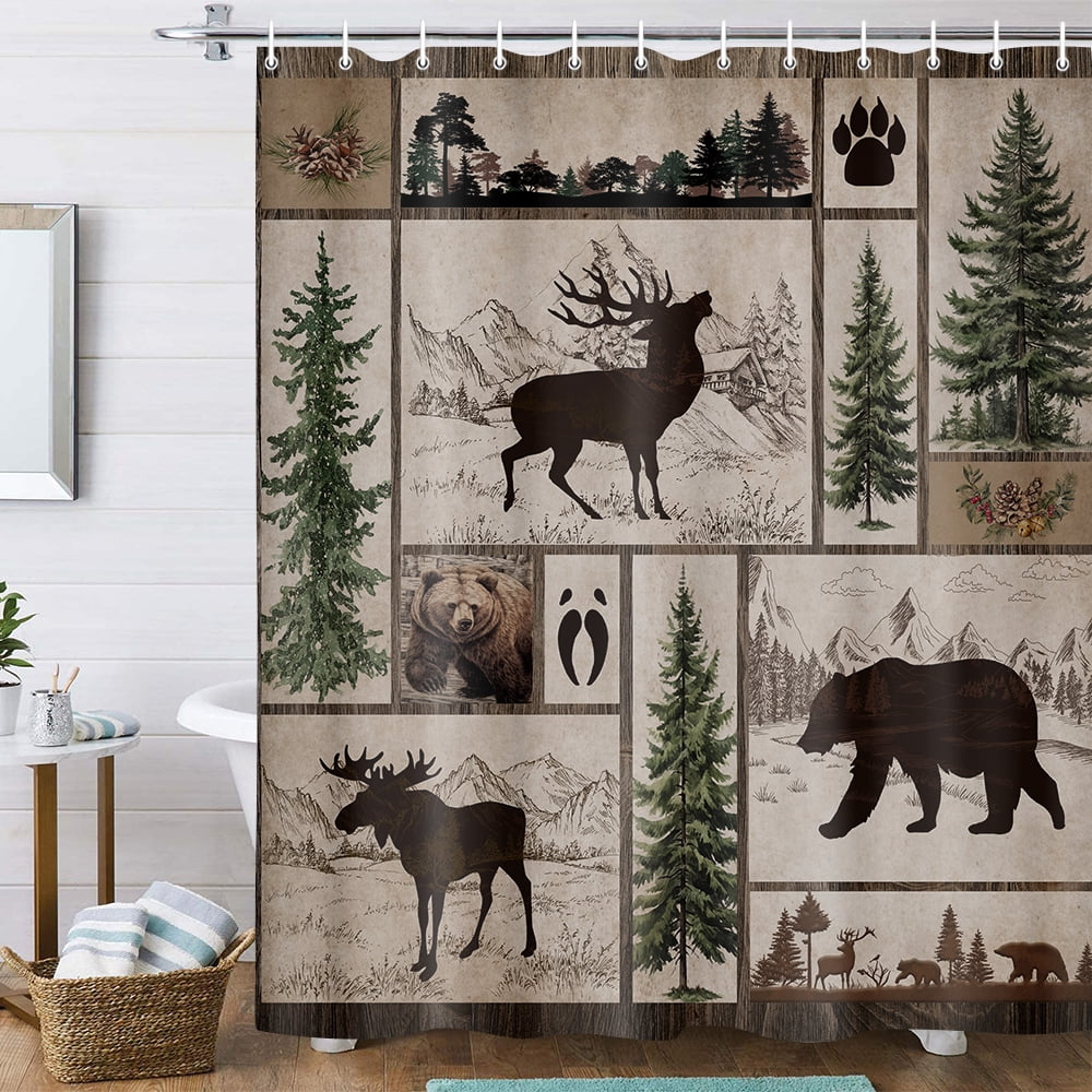 Rustic Cabin Shower Curtain Farmhouse Bathroom Decor, Country Black Bear Deer Moose Forest Woodland Shower Curtain Set, Hunting Cabin Fabric Shower Curtain Bathroom Accessories with 12PCS Hooks, 70X70