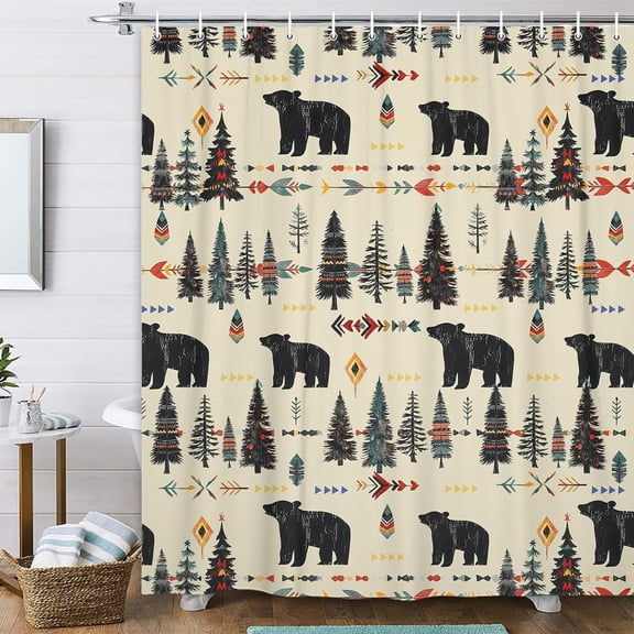 Rustic Cabin Shower Curtain Farmhouse Bathroom Decor, Country Black Bear Deer Moose Forest Woodland Shower Curtain Set, Hunting Cabin Fabric Shower Curtain Bathroom Accessories with Hooks, 66x72