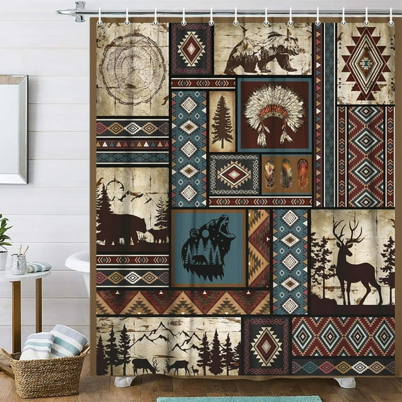 Rustic Cabin Shower Curtain Farmhouse Bathroom Decor, Country Black Bear Deer Moose Forest Woodland Shower Curtain Set, Hunting Cabin Fabric Shower Curtain Bathroom Accessories with Hooks, 66x72