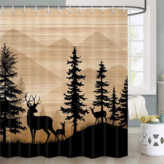 Rustic Cabin Shower Curtain, Farmhouse Country Forest Hunting Deer Shower Curtain Vintage Wood Shower Curtain，Hunting Camper Shower Curtain Set with Hooks, 72X78 inch, Deer