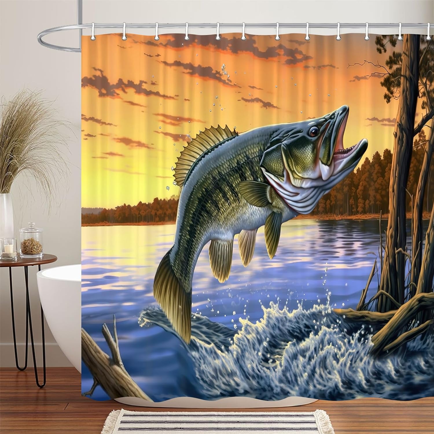 Rustic Cabin Shower Curtain Fishing Shower Curtain Natural Scenery Lake