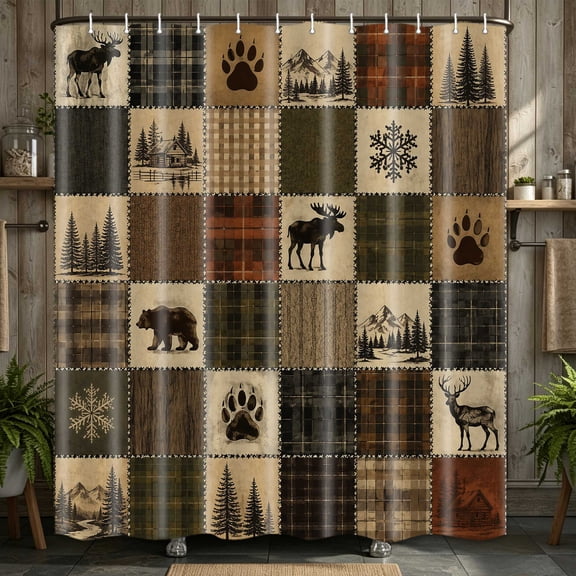 Rustic Cabin Shower Curtain, Forest Bear Deer Bathroom Decor, 36x72 Inches