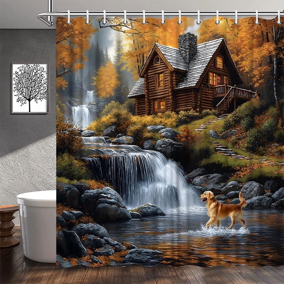 Rustic Cabin Shower Curtain, Golden Retriever, Fall Forest, Waterfall and Lake, Farmhouse Country Lodge Nature Bathroom Decor 36"W x 72"H