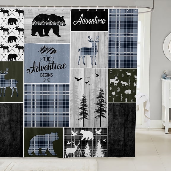 Rustic Cabin Shower Curtain Bedroom, Bear Deer Bath Curtain , Hunting Wild Animal Waterproof Bathroom Curtains 72" W X 78" L, Rustic Farmhouse Buffalo Bathtub Shower Curtain