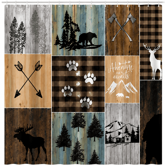 Rustic Cabin Shower Curtain, Lodge Hunting Wildlife Bear Deer Moose Buffalo Plaid Wooden Patchwork, Adventure Awaits Waterproof Fabric Bathroom Curtain with Hooks, 72x72 Inches