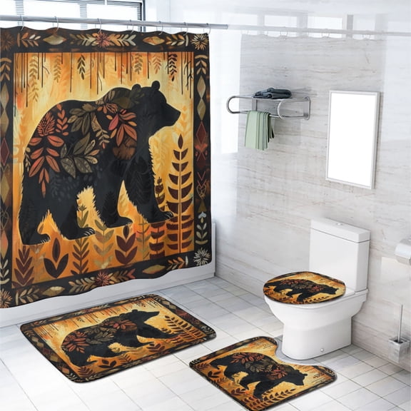 Rustic Cabin Shower Curtain Set Bear Forest on Country Farmhouse Lodge Wooden Board with Non-Slip Rugs, Toilet Lid Cover and Bath Mat, Durable and Waterproof, for Bathroom Decor Set, 72x72 Inch