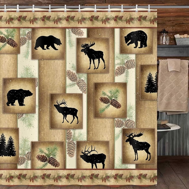 Rustic Cabin Shower Curtain Set, Country Bear Deer Moose Forest Vintage Wood Decor Bath Curtain, Farmhouse Lodge Camping Cloth Fabric Shower Curtains Bathroom Accessories, 72x72 Inch