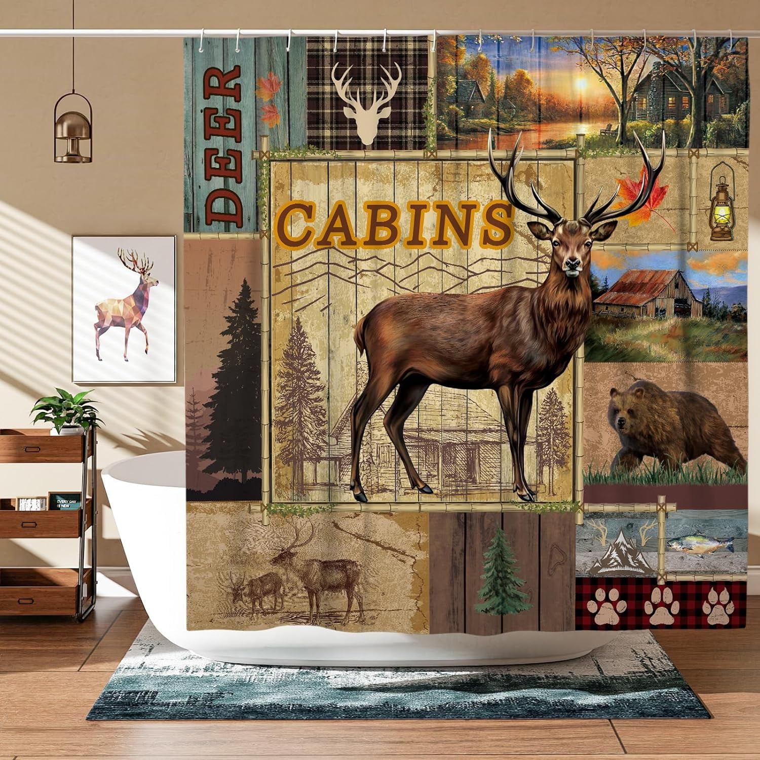 Rustic Cabin Shower Curtain Set, Farmhouse Country Deer Shower Curtains