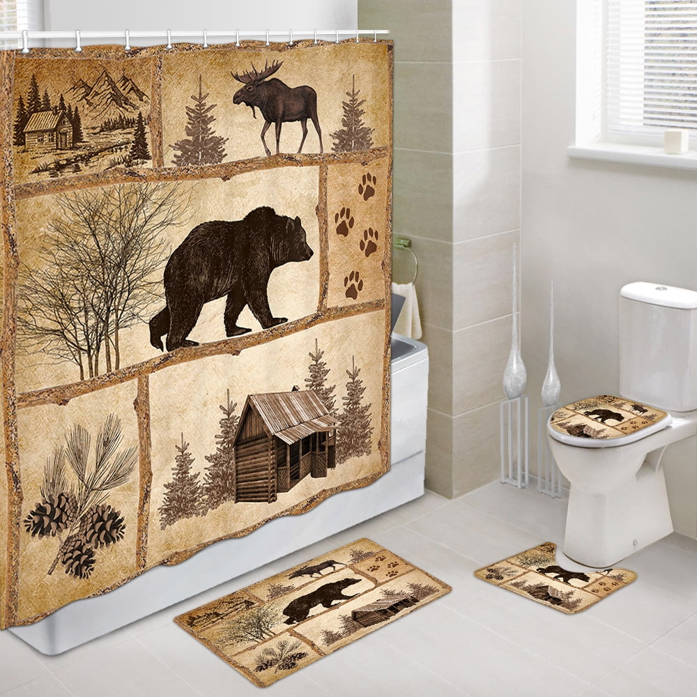 Rustic Cabin Decor: Shower Curtain Set, Bear Moose Forest Bathroom Sets ...