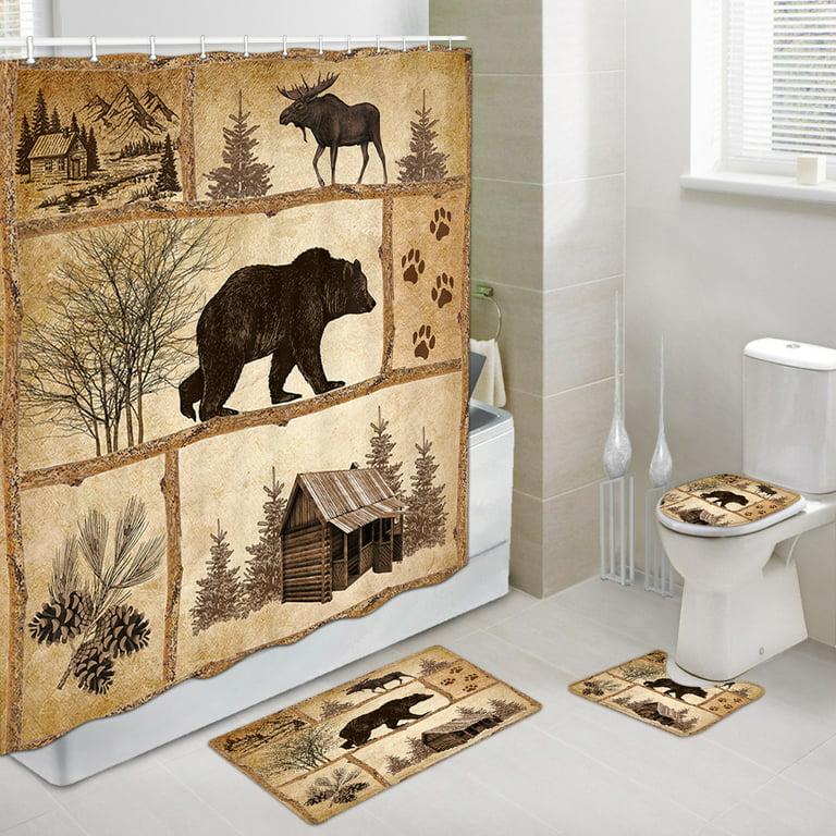 Rustic Cabin Shower Curtain Set With Hooks Farmhouse Country Bear Moose Forest Bathroom Sets And Non Slip Rugs Toilet Lid Er Bath Mat Com