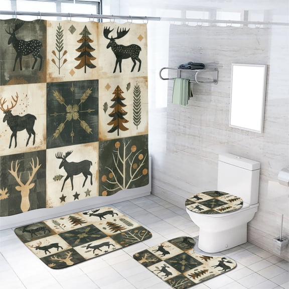 Rustic Cabin Shower Curtain Set with Rugs Lodge Moose Deer Country Style Hunting Theme with Non-Slip Rugs, Toilet Lid Cover and Bath Mat, Durable and Waterproof, for Bathroom Decor Set, 72x72 Inch