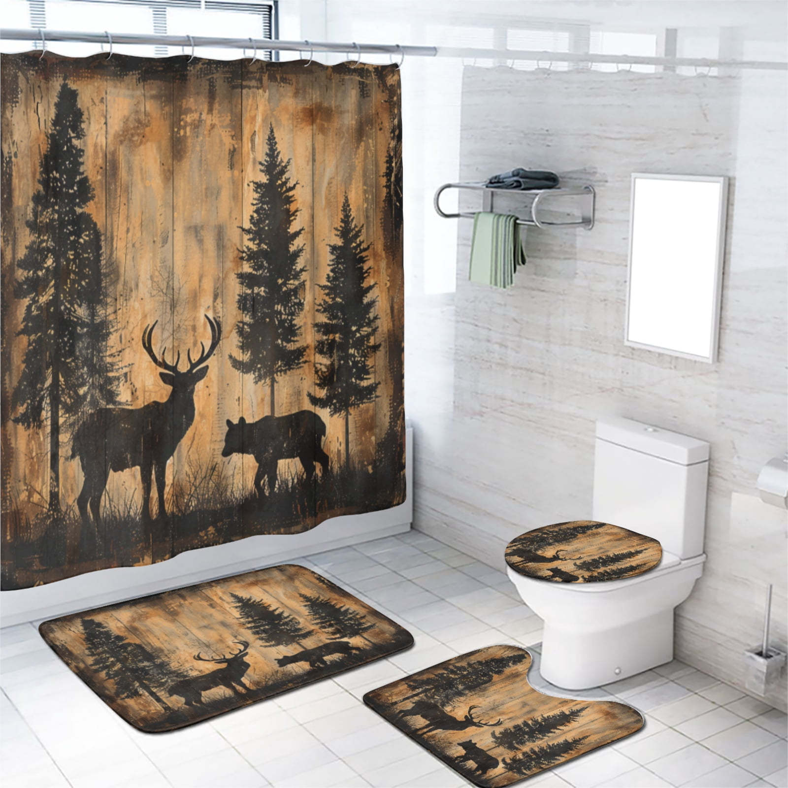 Rustic Cabin Shower Curtain Sets with Non-Slip Rug Forest Bear Deer Country Farmhouse Lodge Wooden Board Bathroom Decor Set with Accessories, Waterproof Shower Curtain for Bathtub Decor, 72x72 Inch