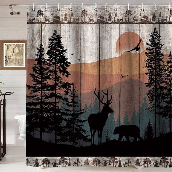 Rustic Cabin Shower Curtain, Sunset Country Mountain Pine Tree Woodland Birds Black Bear Deer Moose Elk Animals Farmhouse Bathroom Decor, Waterproof Fabric Shower Curtain, 72 X 72 Inch