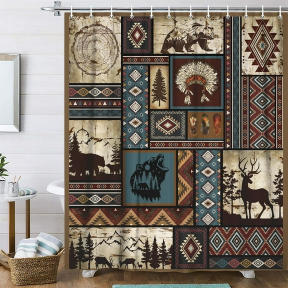 Rustic Cabin Shower Curtain for Western Boho Bathroom Decor, Country Retro Shwoer Curtain Set, Farmhouse Woodland Wildlife Camping Bathroom Curtain with Hook 60X70IN