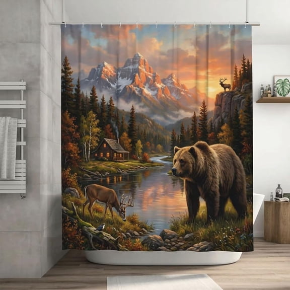 Rustic Cabin Showers Curtains,Vintage Forest Lodge Bear Moose Deer Country Bathroom Curtain Polyester Waterproof Fabric Decor